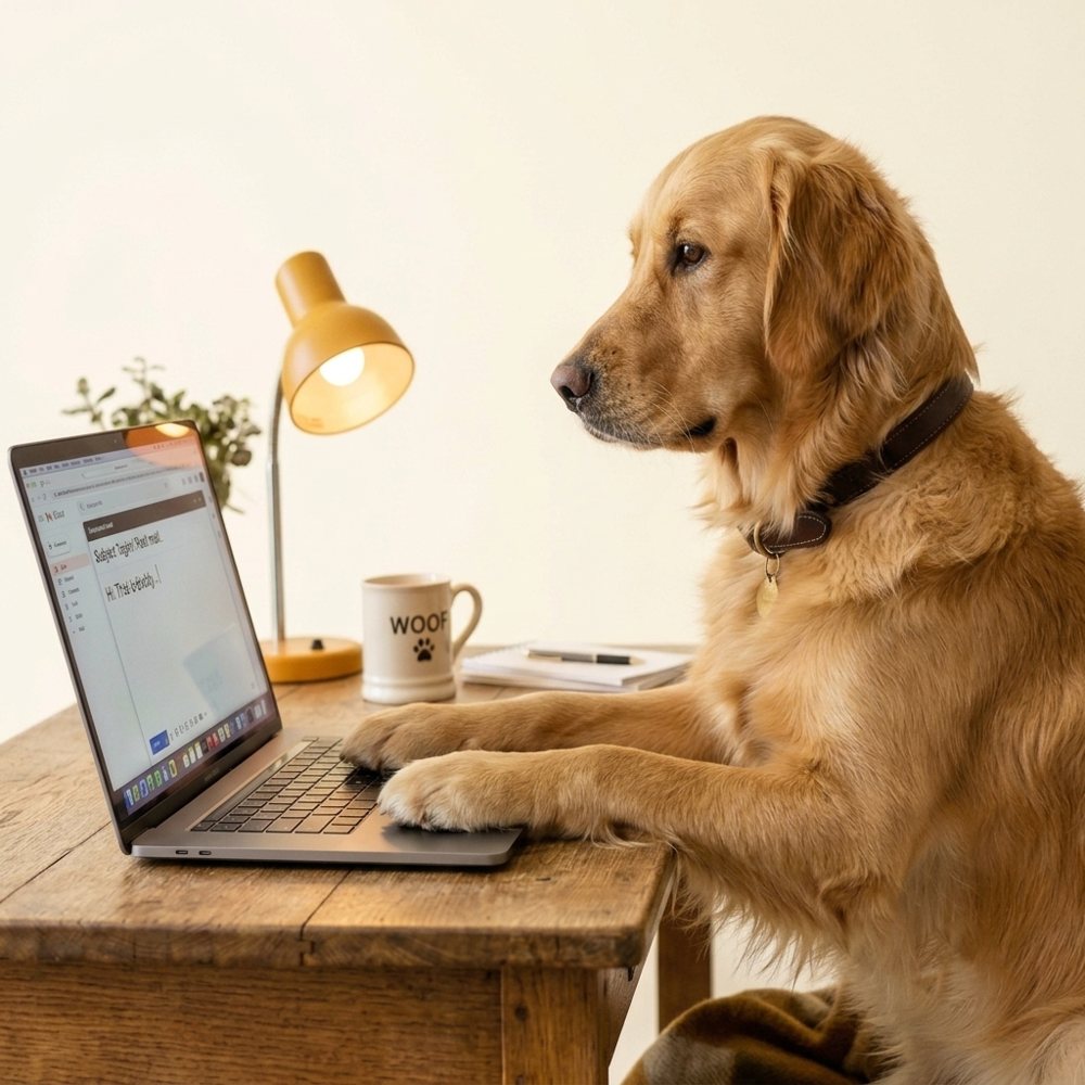 Biscuit, a golden retriever at a desk with paws on a laptop keyboard, writing a retrieval email